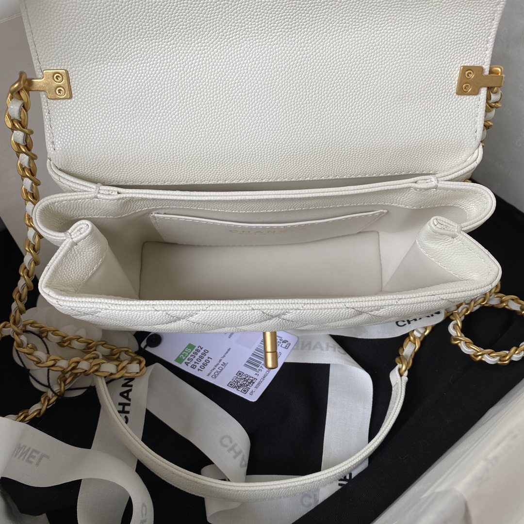 Top Handle Mini Grained Calfskin Flap Chain Handbag Shoulder Bag AS3982 White